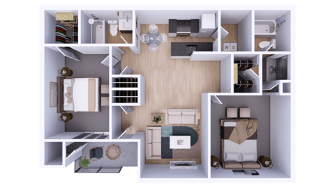 A top-down view of a small apartment layout with a living room, kitchen, and bedroom.